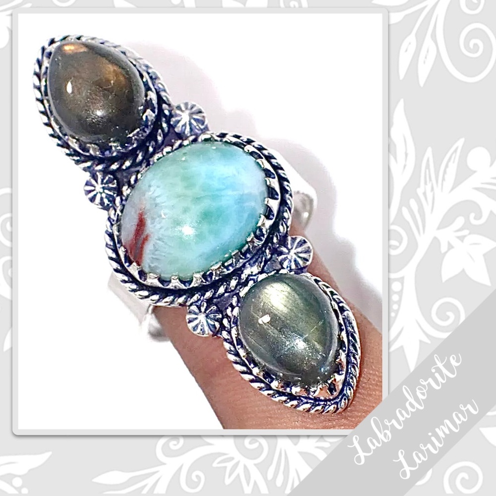 Larimar, Labradorite Large Silver Artisan Ring, Size 11 (Aqua / Turquoise Blue)